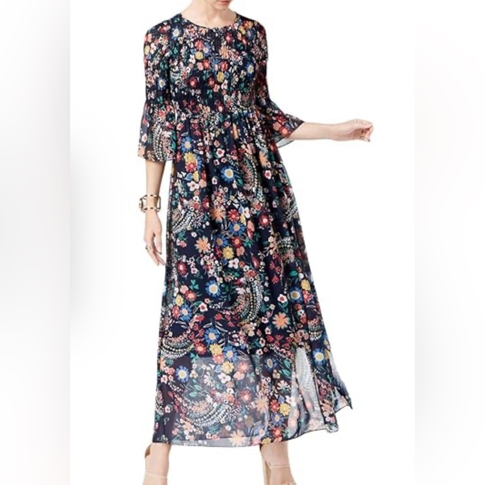 Elegant Floral Print Maxi Dress Bell Sleeve Smocked Bodice Prairie Bump friendly